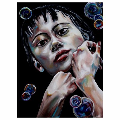 Vivid contemporary acrylic portrait painting / artwork with bright bubbles floating, and a young woman staring down at the viewer. The painting title speaks to the attitude of how culture moves forward but is always somehow never new.