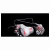 A minimalistic acrylic painting titled Simply Sleeping. The artwork features the sole of a foot and a twisted position of the other in a lying down-position on a black canvas. The feet are painted with reds, whiets, a touch of yellow and grey tones, while lines suggest the rest of the body's position from the ankles up. The Composition exudes tranquility and invites contemplation through its harmonious use of color and bold, expressive lines.