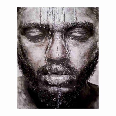 Realism drawing of an African man with water droplets running down his face titled 'Wash the Day Away.' Detailed depiction using panpastel, charcoal, black pencils, erasers, and blending tools. A soulful portrayal of cleansing and emotional release.