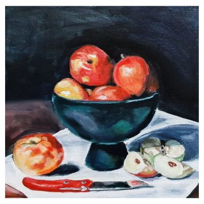 A close-up view of a classic acrylic painting titled 'A Still Life.' The main focus is on a blueish green ceramic bowl placed on a white tablecloth against a dark background, creating a striking contrast. Inside the bowl are vibrant red apples reflecting light. Adjacent to the bowl is a red and yellow blotchy apple, and in the foreground, a red-handled knife with a piece of cut apple lying in its shadow. The painting measures 25x25cm and features rough brush strokes, adding texture and depth. Overall, it exudes a sense of balance and tranquility, inviting viewers to contemplate its serene beauty