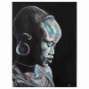 Contemporary acrylic wall art titled "Girl with the Red Beads" depicting a side-profile portrait of a young African girl on a black canvas. Broad strokes of turquoise, whites, sienna, and ochres create a vibrant composition, with subtle hints of red beads mixed among white beads. The girl's face is shadowed, gazing downward with a thick loop earring adorning her ear.