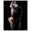 A contemporary self-portrait rendered in acrylic on black canvas. The artist sits on a stool with her right leg bent upwards, her arm resting on it, hand curling over her head. She gazes out at the viewer, draped in a minimalist line representing a cloth covering her back and a single breast.