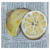 A close-up view of a lemon acrylic painting titled 'The Lemon Slice.' The main focus is on a singular, highly textured lemon sliced in two, done with a palette knife. It is depicted with yellows and complimentary umber shading. The lemon slices are propped up against each other and placed against a background of dull newspaper print, creating a striking contrast. Despite the absence of a shadow, the slices appear vibrant. The painting measures 10x10cm and is part of a trio of decorative pieces.