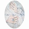 An oval oil painting titled "Gentle the Hands of Juliet." The painting depicts a close-up view of Juliet's hands gently wrapped in the folds of her white dress. She wears a square blue opal silver ring on her finger. The composition is delicate and serene, capturing the elegance and grace of Shakespeare's iconic character.