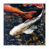 A close-up view of a Koi Oil Painting titled 'In the Pond.' The main focus is on a singular koi fish, depicted in light, almost translucent tones, reflecting the colors of the surrounding environment. Swirling Payne's grey blues and vibrant yellow and orange leaf debris are visible in the background. In one corner, a bright orange koi fish swims out of frame. The painting measures 25x25cm and exudes a decorative allure.