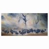 An original landscape oil painting depicting a herd of African buffalo charging towards an unseen waterhole at dawn. The scene is enveloped in soft, misty light with tree silhouettes emerging from the dusty air. Thousands of buffalo are depicted in motion, creating a dynamic and captivating atmosphere.