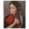 A classic oil painting portrait featuring a young Asian woman clutching a vibrant red book to her chest, her gaze directed towards her right. The artwork is inspired by John Connolly's novel, 'The Book of Lost Things,' exploring themes of lost youth, innocence, and the passage of time. The red book symbolizes hope and remembrance, serving as a ledger of all things lost, which the woman clings to dearly.