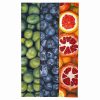 Oil Paintings on Triptych Assorted Fruit, titled 'Sorbet Loops,' featuring three panels of vibrant, high-energy fruit compositions. The first panel displays layers of blueberries, the second panel showcases zesty limes, and the third panel exhibits an array of yellow fruits with cut pomegranate. Each panel is rendered realistically, with bold colors and intricate details. The artwork is designed to serve as a playful palette cleanser and decorative accent, sold together or separately for versatile display options.