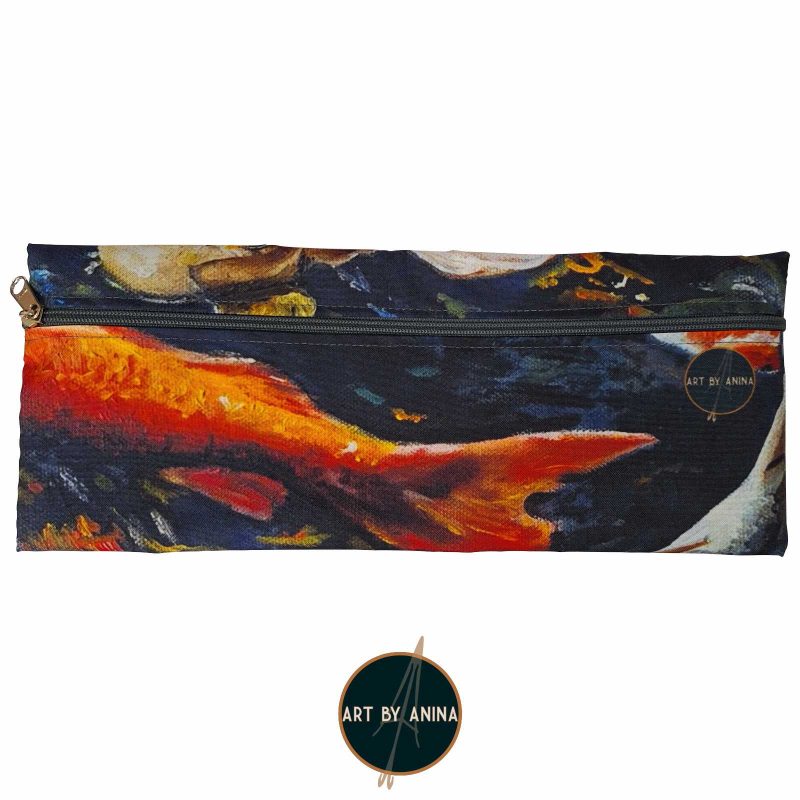 A waterproof canvas pencil case based on the painting In the Pond. Pencil case has bright colours with a front zipper