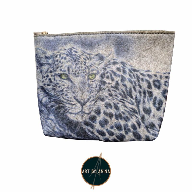 A product photo of a sustainable recylced cosmetic bag with a leopard printed on it