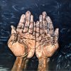 Realism oil painting titled 'Beside Still Waters' featuring detailed, weathered hands cupped together in tranquil water, showcasing light reflections and texture, painted on a 60x60cm canvas