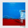 Enter the Ether Painting - modern landscape with vivid blue sky, red ground, distant mountains, and partially blurred female figure in white, oil on canvas